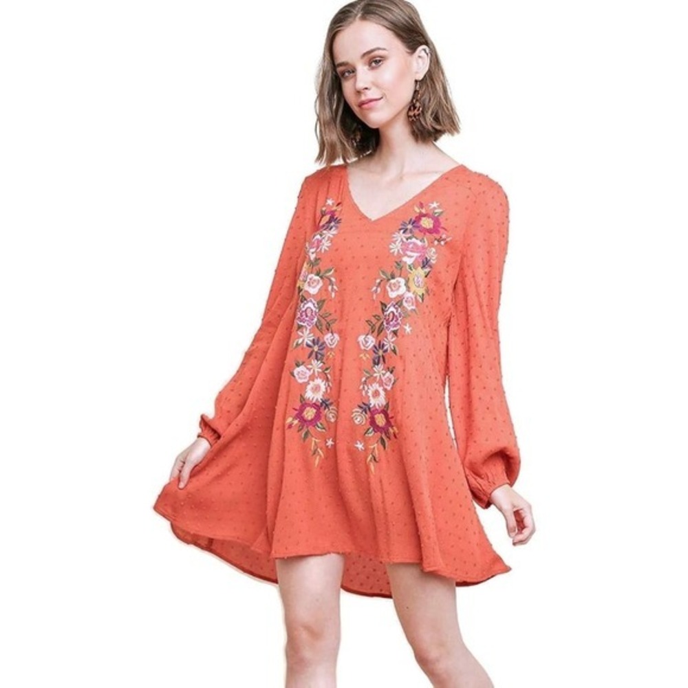 Umgee Embroidered Orange Dress Long Sleeve V Neck Cutout Back Boho‎ Chic Size L